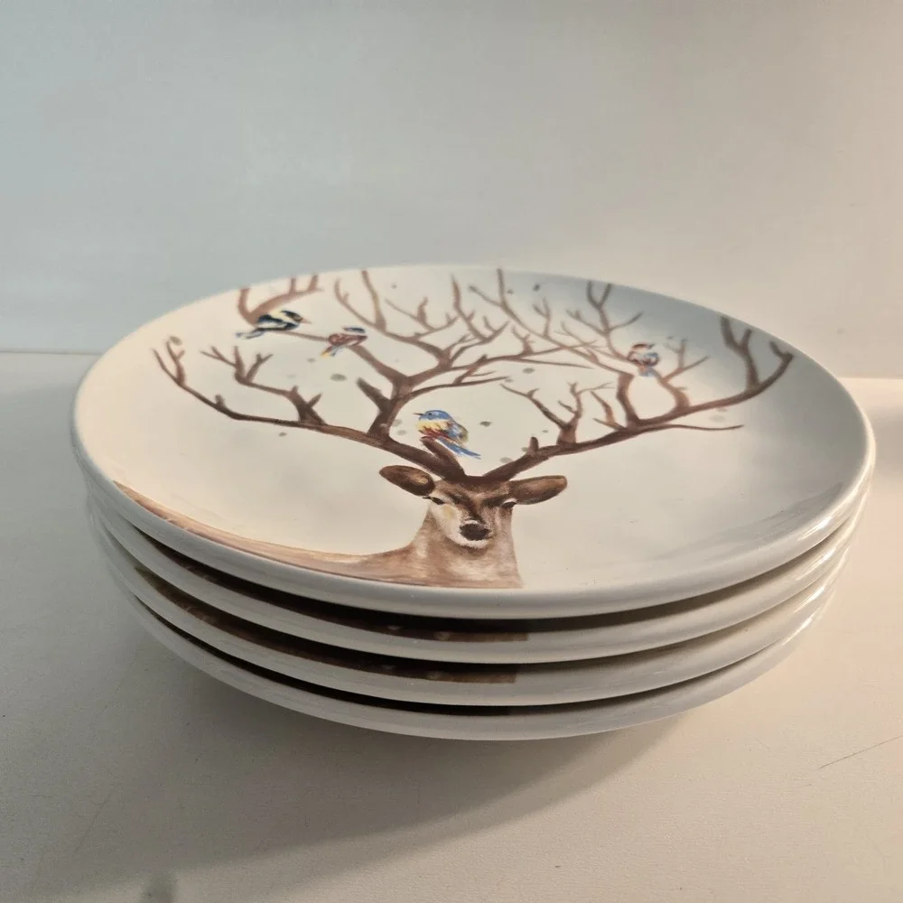 4pc Pier One Imports Salad Plates Reindeer w/ Birds Alexander Brunch Holiday 8.5
